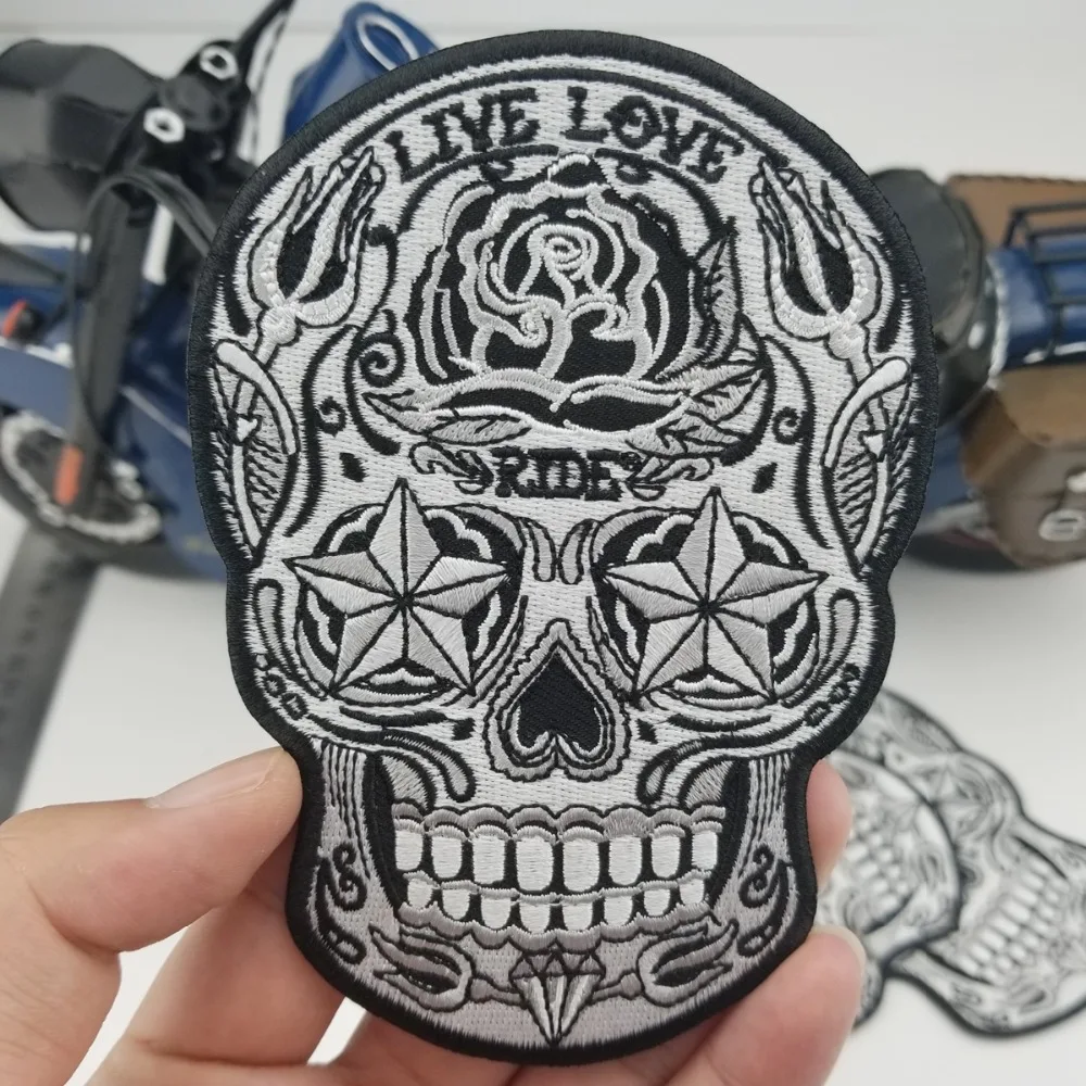 Halloween Black and White Live Love Sugar Skull Embroidered Patch Iron on Motorcycle Biker Patch (5)