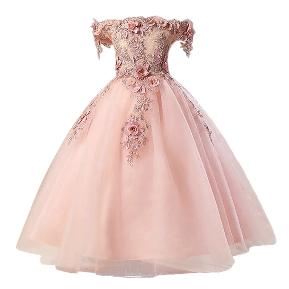 

Elegant Flower Girls Dress for Wedding Bridesmaid Girls Party Bead Tulle Ball Gown Long Dress Princess Kids Dresses for Girls