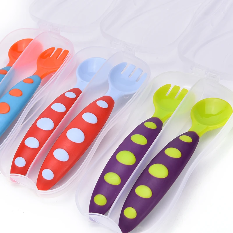 Safe Plastic Baby Spoon+ Fork Anti Skid Handle Learning Tableware