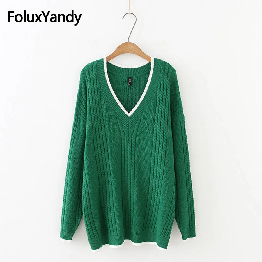 Green Sweater Women V-neck Plus Size 5XL Long Sleeve Casual Warm Autumn Winter Sweater Knitting Pullovers KKFY2613