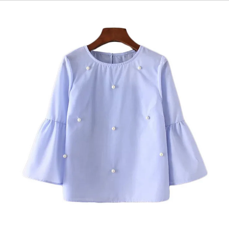 Для женщин Элегантный жемчуг Бисер Рубашка в полоску с расклешенными рукавами с круглым вырезом блузка дамы летние Брендовые повседневные