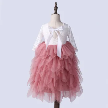 

2018 Girls Lace Bow Dresses Baby Girls Princess Long sleeve Dress Babies Tulle Wedding Party Dress Kids Christmas Clothing
