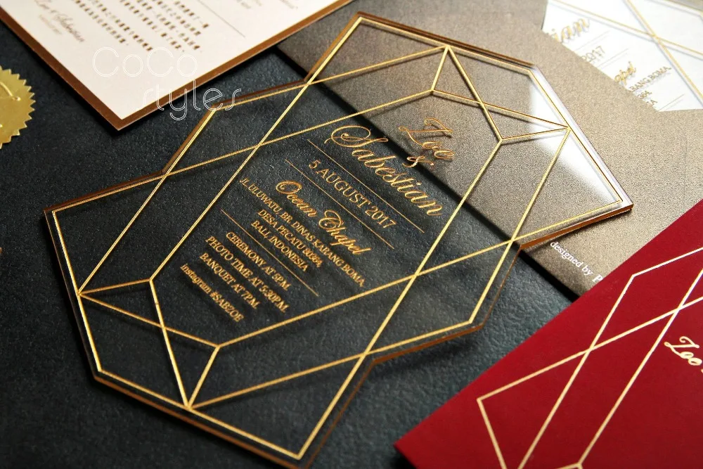  Cocostyles custom modern die cut geometric engraving acrylic invitation card with gold foiling enve - 32860416610