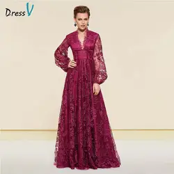 DressV Темный Фиолетовый v шеи линия мать невесты платье с длинным рукавом Кружева Длинный мать вечернее платье Размер