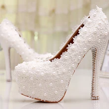 Custom Made 2015 Sweetness White Flower Lace Platforms Pearl Wedding Shoes Bridal Dress High Heels Bridesmaid Shoes