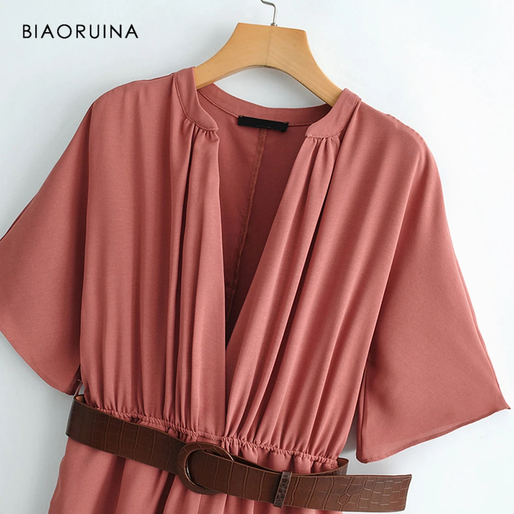 BIAORUINA, Женский винтажный шифоновый комбинезон, женский модный Свободный комбинезон с широкими штанинами, глубокий v-образный вырез, сплошная шикарная женская летняя одежда