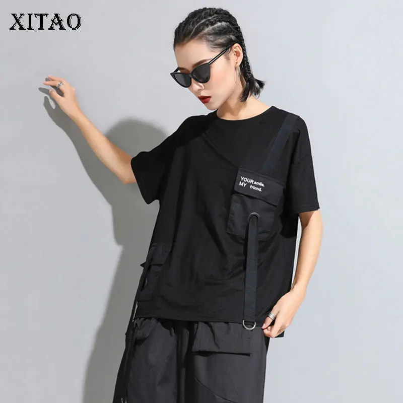 

XITAO Pleated Pullover T Shirt Women Clothes 2019 Black O Neck Pocket Korea Fashion Summer New Wild Joker Elegant WLD1388