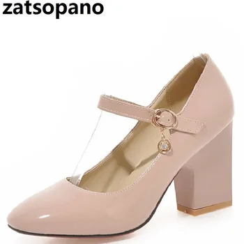 

Zatsopano Red Ladies Summer Shoes Square High Heel Woman Pump Pu leather Square Toe Mary Jane Women Wedding Shoe Size 33-43