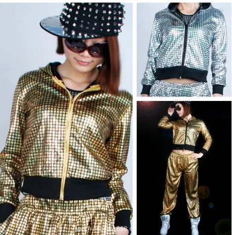 

Thin Jazz harem women Gold Silver Top ds sexy performance wear Laser Reflective Sequins jazz sports Zipper dance short jackets