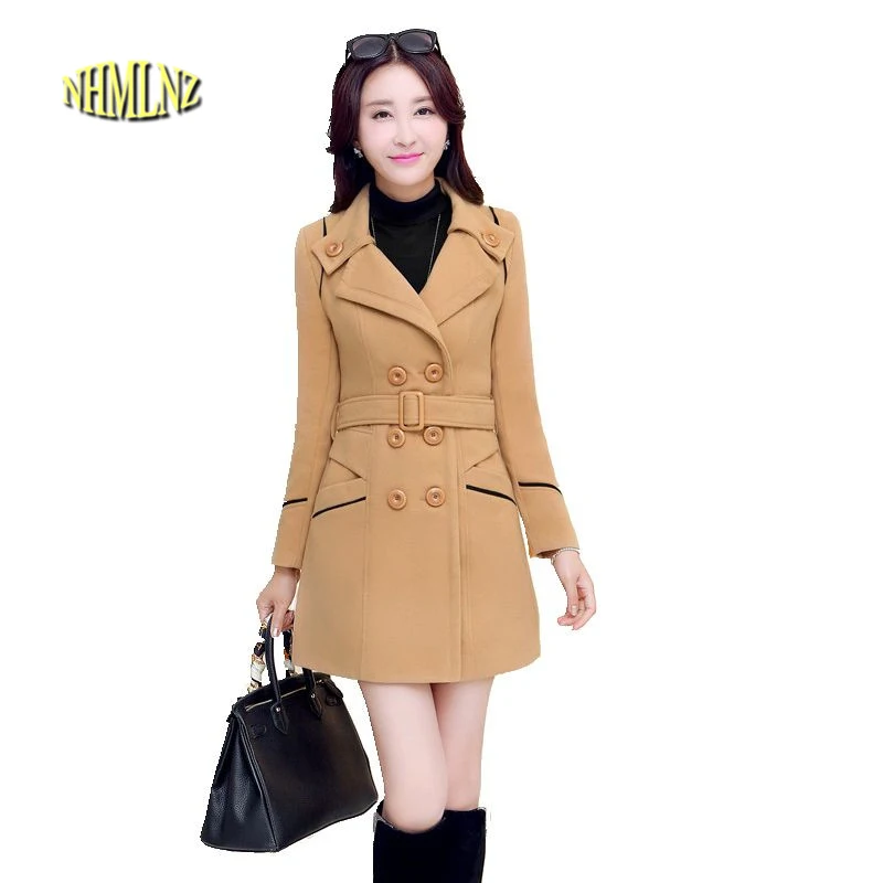 

2019 Autumn Winter Women Woolen coat Solid color Medium Long Double-breasted Woolen coat Long sleeve Slim Large size Coat F1046
