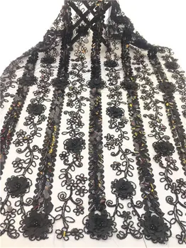 

2019 High Quality African Lace Fabric beads French Net Embroidery Sequins Tulle Lace Fabric For Nigerian party Dress 3D Flower