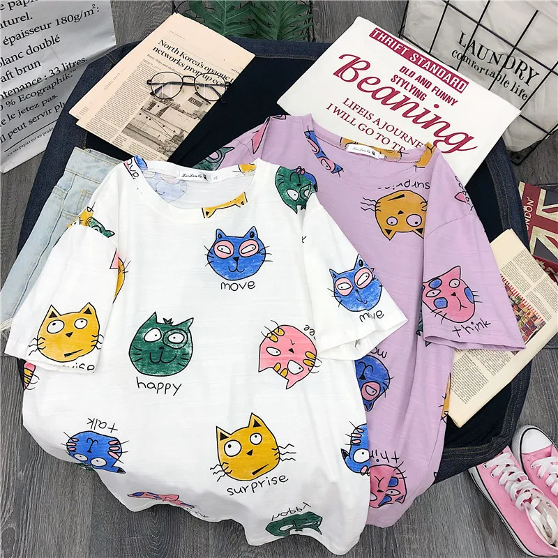 

Summer dress beautiful girl cute animal expression printing Harajuku fashion ins casual loose women's T-shirt tops