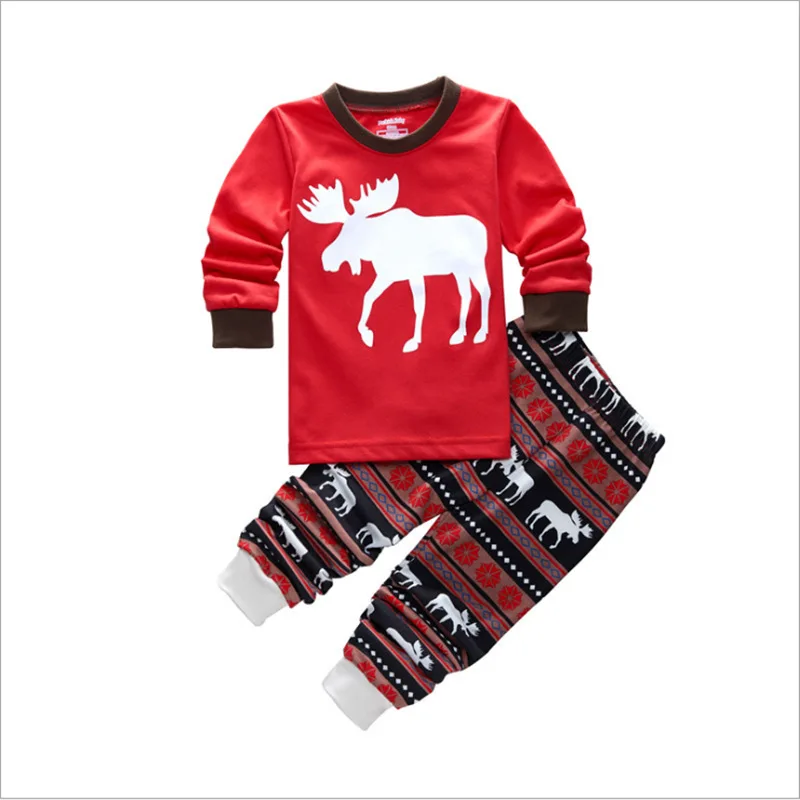

2016 new boys and girls children's suits casual Christmas fawn 2 piece sleepwear long sleeve pajamas cartoon suits 100% cotton