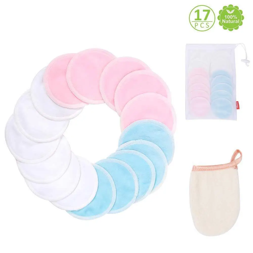 Removedor de Maquiagem Bambu Reutilizável Algodão Almofadas Lavável Limpeza Facial Dupla Camada Pano Sopro Cosméticos Ferramentas 17 Pçs 10 algodão pano sopro cosméticos ferramentas