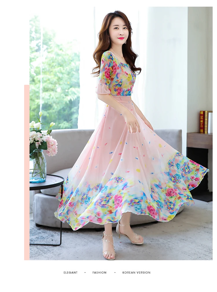 Летнее Новое поступление размера плюс M-3XL корейское женское шифоновое длинное платье с круглым воротником и коротким рукавом богемный пляжный стиль