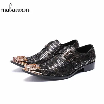 

Mabaiwan Casual Men Shoes Handmade Leather Loafers Gold Metal Toe Slipper Buckle Party Dress Shoes Men Breathable Flats 38-46