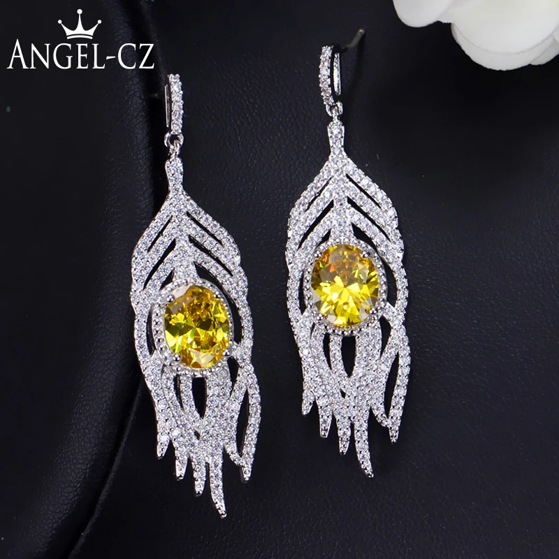 ANGELCZ Trendy CZ Feather Drop Dangle Pave Round Yellow Stone Crystal Bohemian Long Tassel Earrings With 925 Silver Pins AE214 ANGELCZ Trendy CZ Feather Drop Dangle Pave Round Yellow Stone Crystal Bohemian Long Tassel Earrings With 925 Silver Pins AE214