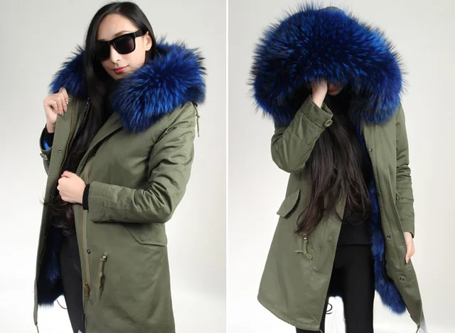 Cheap 2016 new long Army green winter jacket coat women parka natural large Raccoon Dog Fur Collar hooded Thick Warm fox Fur liner