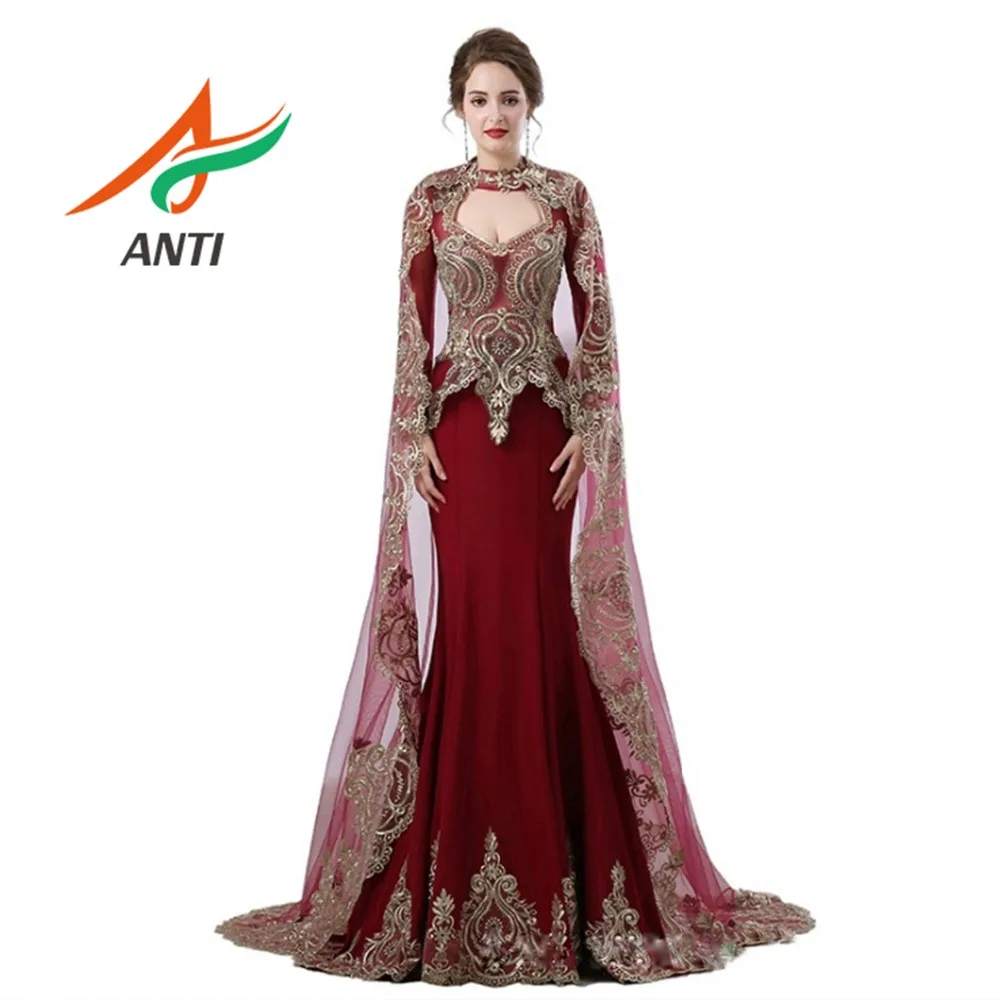 ANTI Saudi Arabic Burgundy Mermaid Evening Dress Long Detachable shawl Robe De Soiree 2019 Dubai Turkish Long Sleeve For Woman ANTI Saudi Arabic Burgundy Mermaid Evening Dress Long Detachable shawl Robe De Soiree 2019 Dubai Turkish Long Sleeve For Woman