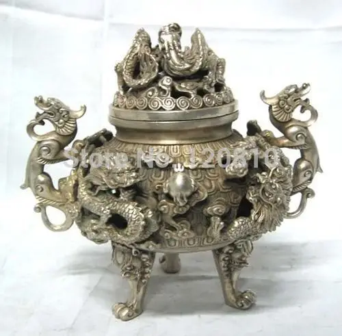 

14cm preeminent Tibet silver nine dragon censer statue