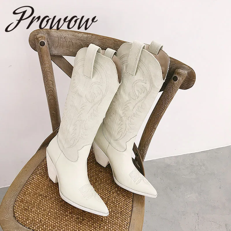 

Prowow New Genuine Leather Autumn Winter Floral Embroidery Cowboy Women Boots Pointed Toe Thick Heel Boots Shoes Women