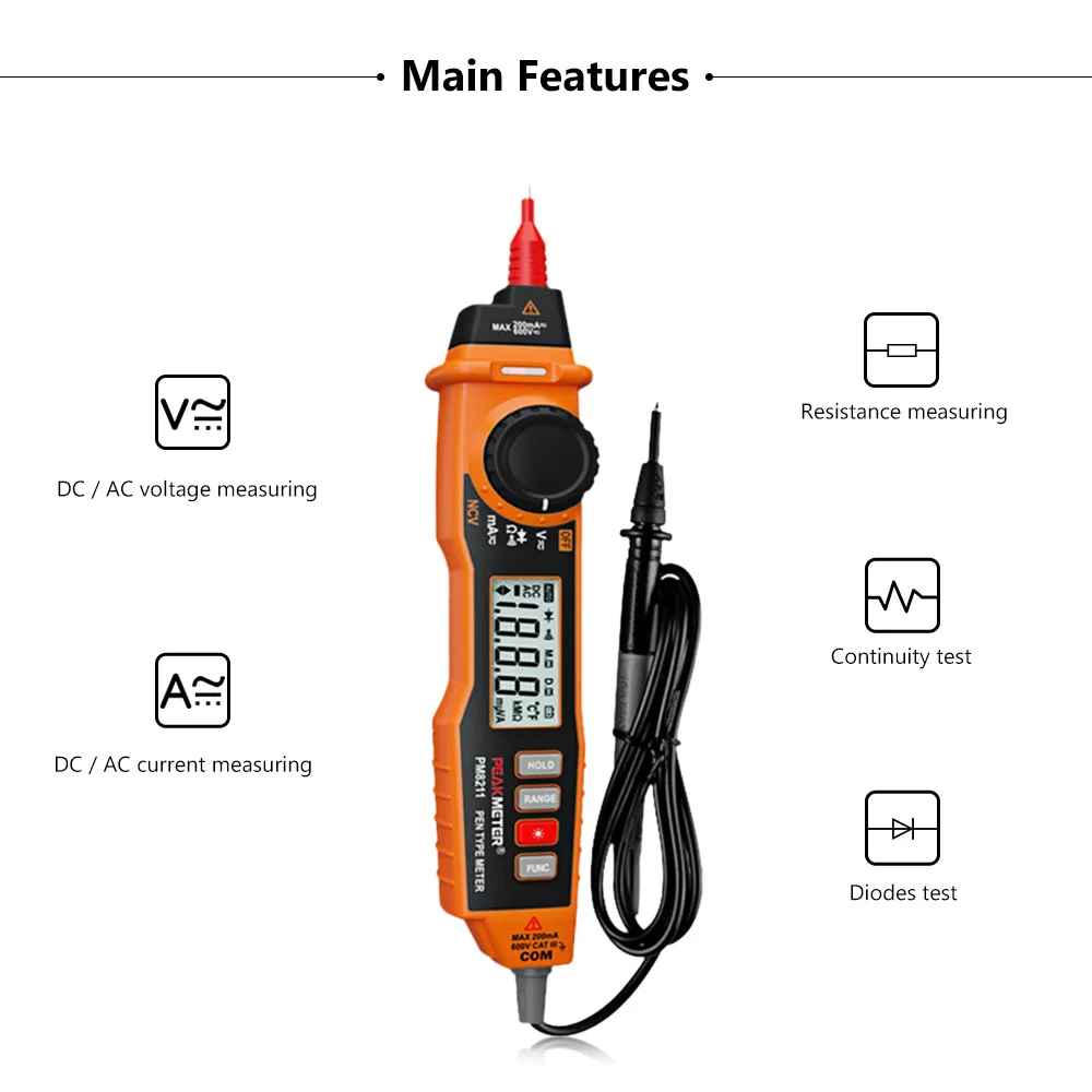 PEAKMETER MS8211 Цифровой мультиметр 2000 отсчетов Тип ручки с бесконтактным ACV/DCV электрический ручной тестер