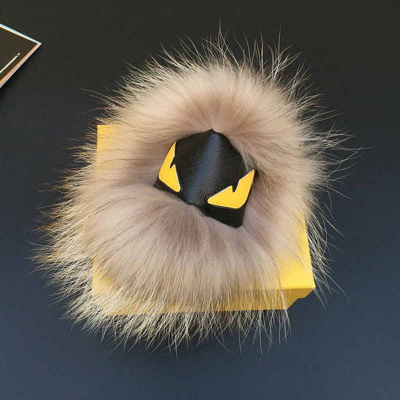 

Black Leather Wallet Pom Pom Real Fur Monster Doll Keychain Charm Bag Pendant Strap fur key chain Shoulders keychain Ring