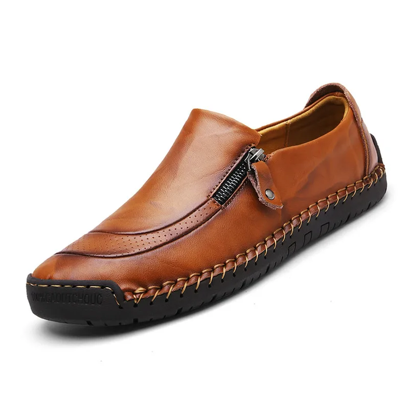 

2019 Spring Leather casual Shoes Men quality handmade Loafers vintage moccasins slip on Rubber flats Zip opening hombre