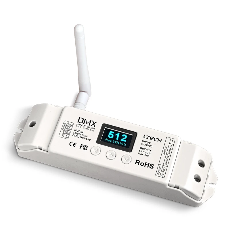 

New Ltech LT-874S-5A wireless dmx decoder;DC5-24V input 5A*4CH CV DMX decoder with OLED display,work with LT-870S transmitter