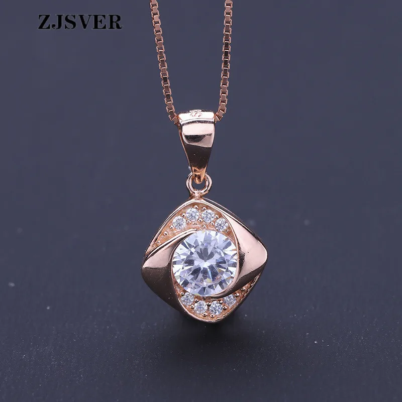 

ZJSVER Fine Jewelry 925 Sterling Silver Necklace Geometric Square Shape Crystal Pendant Fashion Rose Golden Women Necklace Gift
