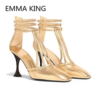 

Design Gold Cutout Women Gladiator Sandals Square Toe Jeweled High Heels Pumps Buckle Ladies Party Shoes Woman Zapatos Mujer