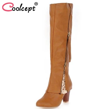 

Coolcept Size 34-44 Women High Heel Boots Zipper Lace Round Toe Knee Boots Woman New Design Brand Women Winter Long Boots