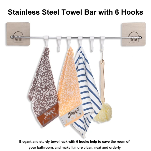 Stainless Steel Bath Towel Bar Washcloth Holder with 6 Hooks Bathroom