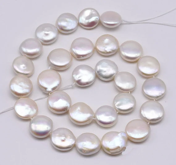 

New AA 13-14mm White Coin Pearls,Smooth Surface Thick Nacre Coin Beads,Genuine Freshwater Good Quality High Luster Pearl