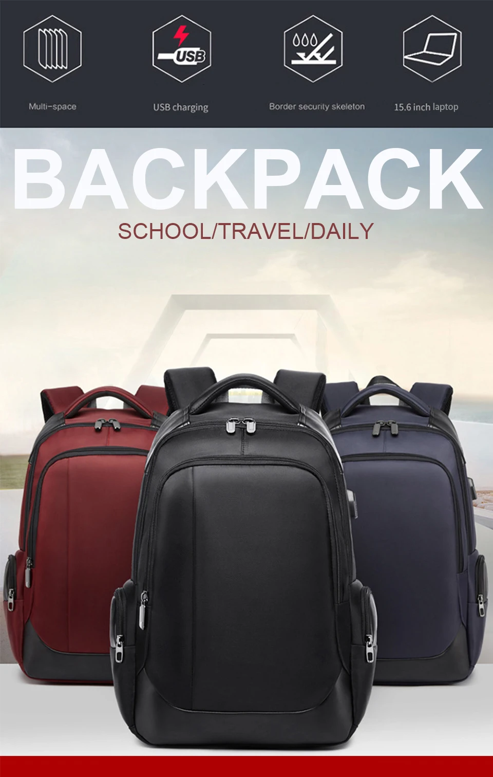 1 Business Men Backpack External USB Backpacking Waterproof School 15.6'' Laptop Travel Bagpack 20L Large Capacity Male Back Pack