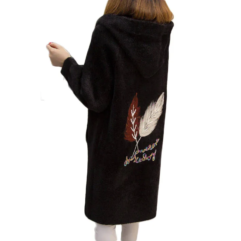 

2019 Spring Autumn Women Imitation Mink Fur Hooded Sweater Cardigan Female Long Loose Pocket Embroidery Knitwear Warm Coat A95