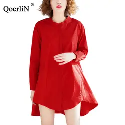 QoerliN модные красные рубашки женские рулонные блузки с длинным рукавом модные нерегулярные Асимметричные красные рубашки женские 2019 весна