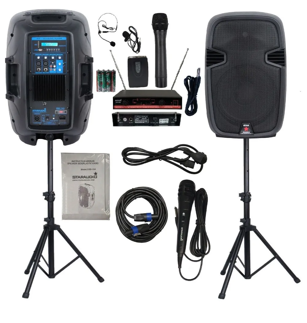 

STARAUDIO 2Pcs 2000W 12" PA DJ Active Powered Speakers System DJ Stands 2 Channel VHF Wireless Handheld Headset Mic SSD-12A