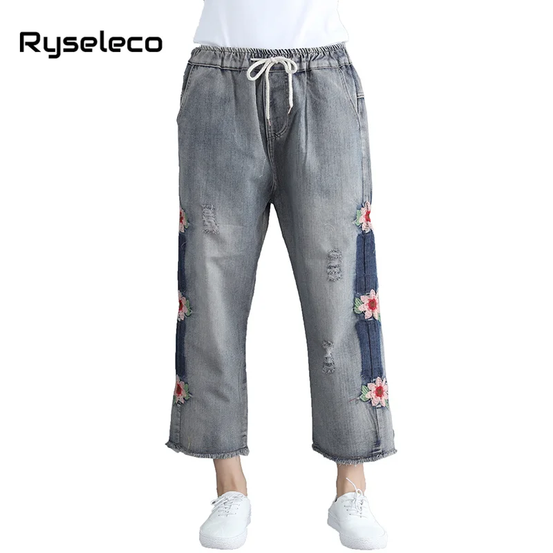 Women Side Floral Embroidery Cargo Pants Plus size Vintage Tassels Hem