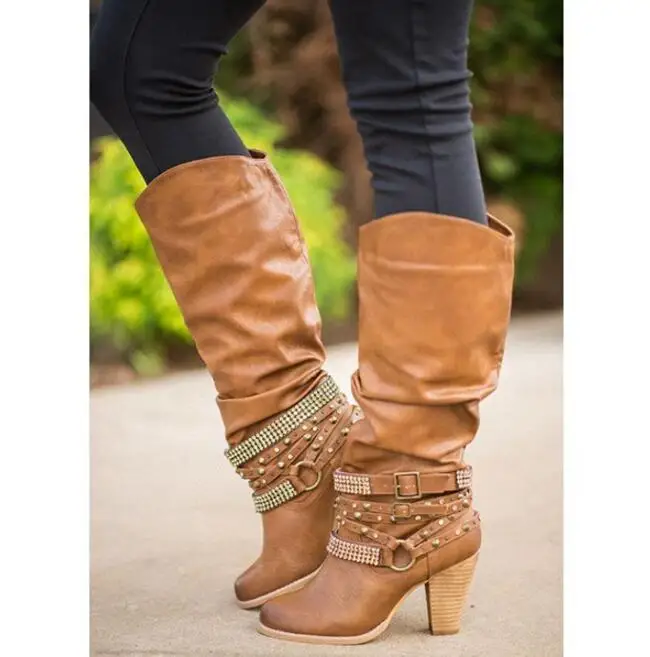 JOKSD/новые модные ботинки с круглым носком в стиле панк, готика, с ремешком женская обувь на высоком каблуке, стразы сапоги до колена mujer zapatos L216