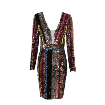 

2019 New Style Fashion Dress Sexy Women multicolor Deep V-Neck Sequined evening Party Pub Celebrity Body Con Dresses Wholesale