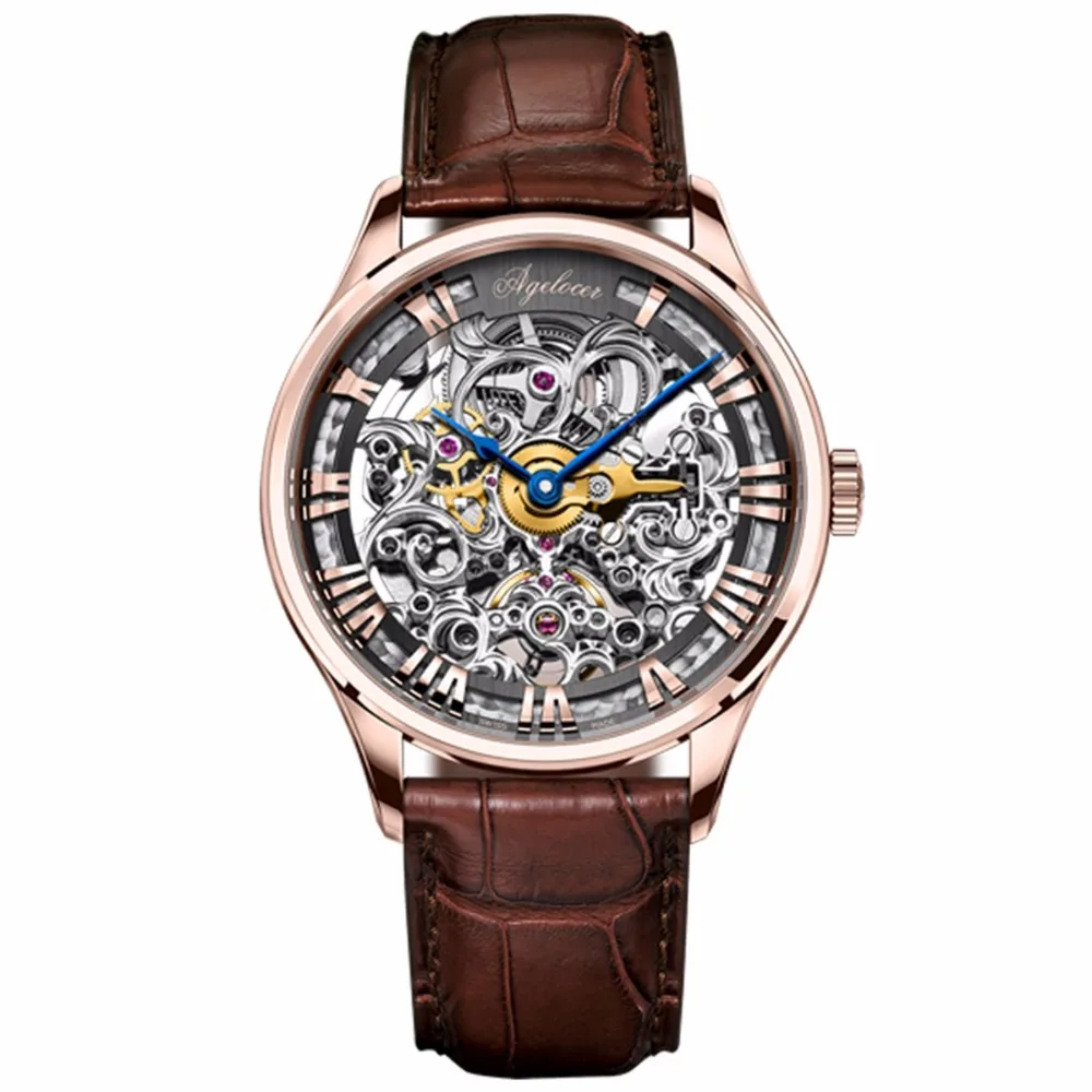 Agelocer Luxury Skeleton Watches Rose Gold Genuine Leather Strap Mechanical Watches Roman Numeral Mens Wristwatches 5401 Agelocer Luxury Skeleton Watches Rose Gold Genuine Leather Strap Mechanical Watches Roman Numeral Mens Wristwatches 5401