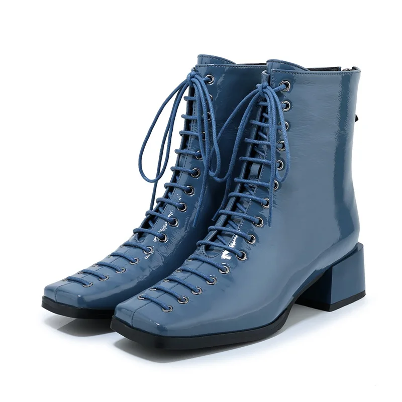 FACNDINLL/Новинка года; сезон осень-зима; женские ботильоны на квадратном каблуке средней высоты; обувь черного цвета из натуральной кожи на молнии; женские короткие ботинки в жокейском стиле - Цвет: blue soft leatehr
