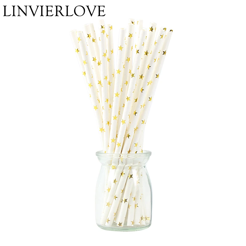 

25pcs/pack White Star Paper Straws Foil Gold Party Straws Party Paper Straws Striped Solid Black and Gold Party Decor Supplies