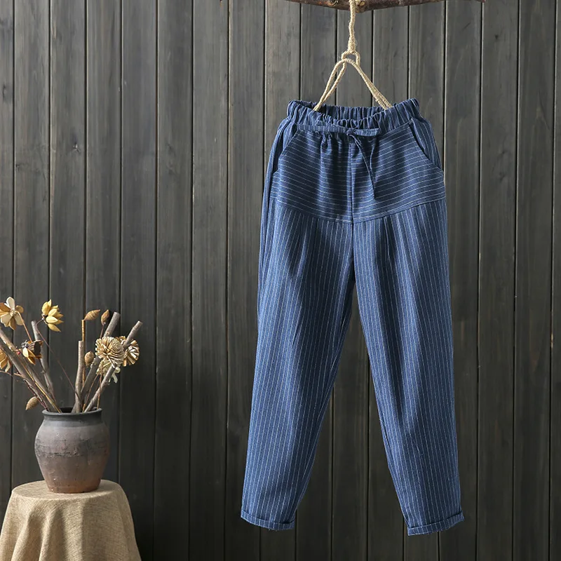 

Johnature Ankle-length Pants Striped Casual Loose Harem Pants Elastic Waist 2019 New Summer Cotton Linen Trousers Women Pants