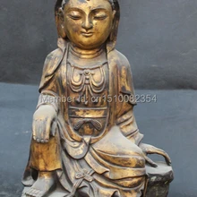 1" Китайский Фиолетовый Бронзовый Золотой Свинка Сиденья Кван-инь Гуань Инь Богиня Статуя Будды