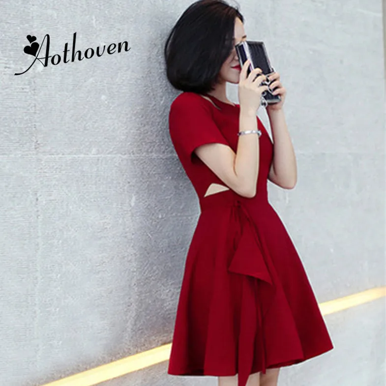 

Summer Vintage Ruffles Patchwork A-line Dress Women Burgundy Short Sleeve O-Neck Dress Office Bandage Hollow Out Lady Dresses