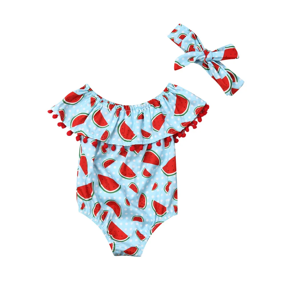 Летнее платье для новорожденных, одежда для малышей, одежда для маленьких девочек хлопковая футболка без рукавов боди «арбуз» повязка на голову, комплекты одежды из 2 предметов для детей костюм Костюмы