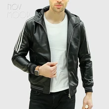 Мужская белая полосатая черная темно-синяя натуральная кожа овчины с капюшоном повседневные мото байкерские куртки пальто jaqueta de couro deri ceket LT2363