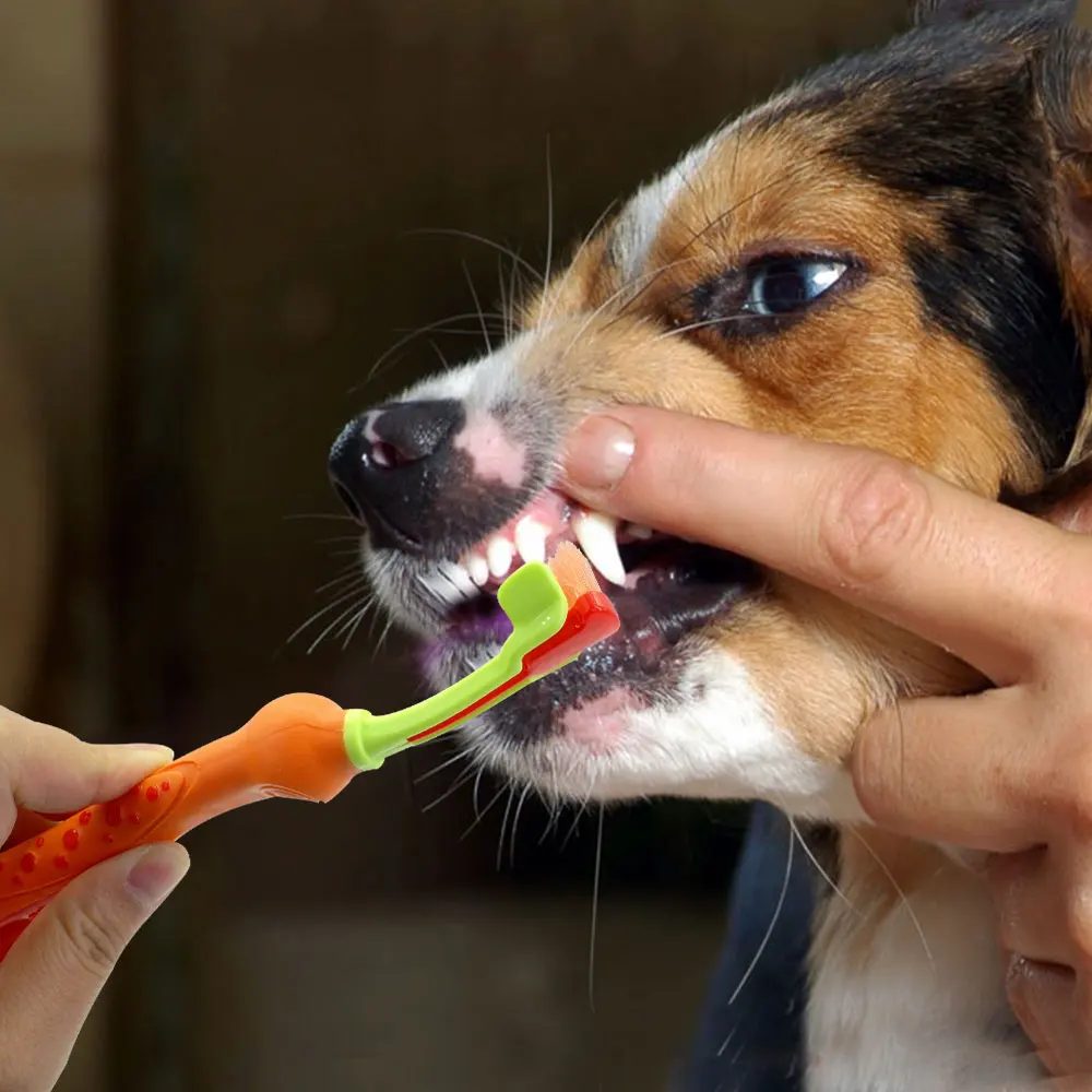 Зубная щетка для собак, Мягкая зубная щетка для домашних животных, кошек, с трёхсторонней резиновой зубной щеткой для собак, инструмент для зубного камня, аксессуары для домашних животных